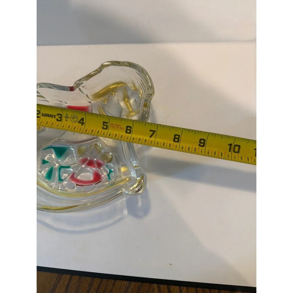 Vintage Christmas Rocking Horse Glass Candy Dish Gold‎ Red Green Holiday Decor